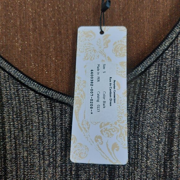 Peruvian Connection Gold Black Dress Small Elegant Holiday Rue de Cambon V Neck - Picture 7 of 13